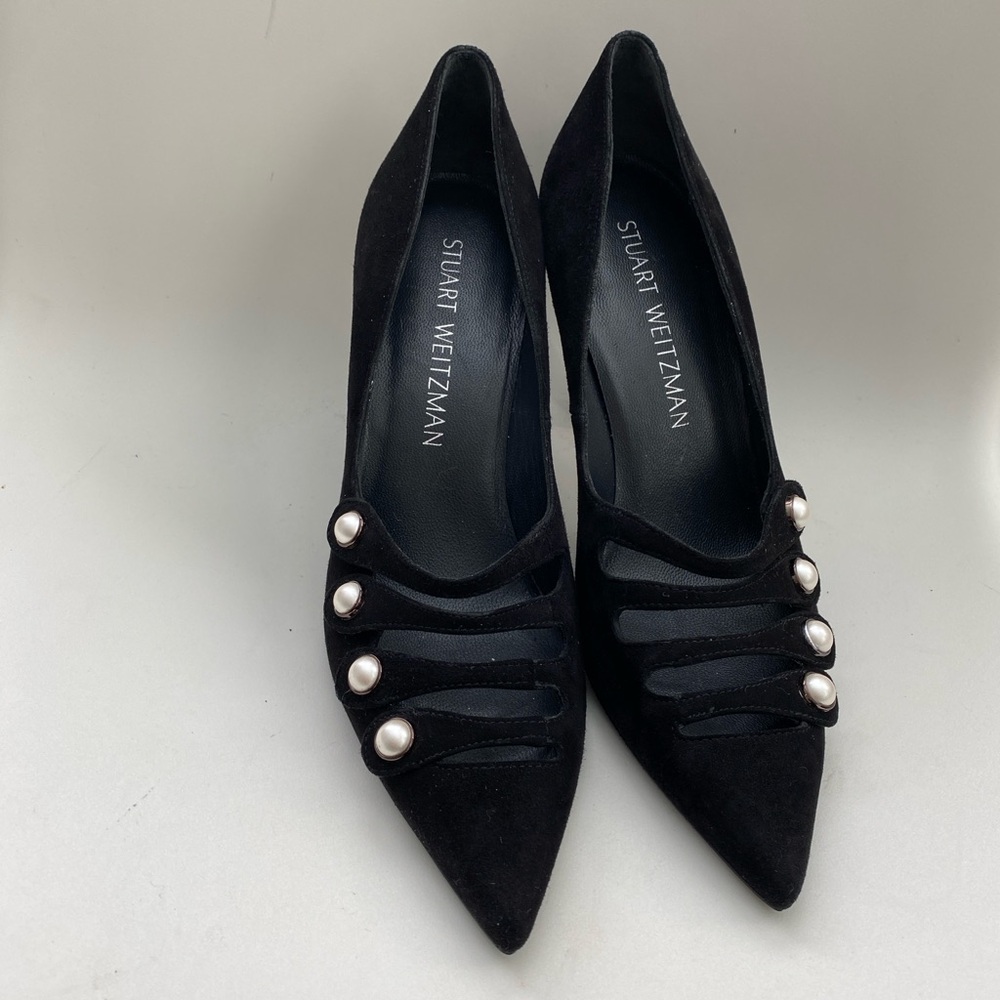 stuart weitzman women’s black suede pearls heels 5.5 minimalist made in Italy